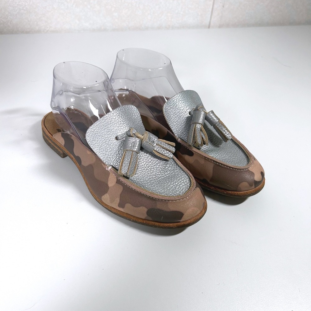 Anthropologie U-dot Japan leather tasseled Camo mules slides silver tan Size 6
